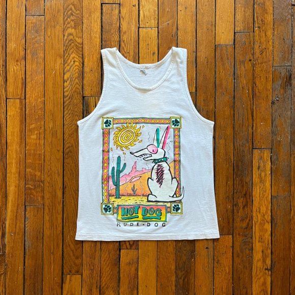 American Vintage Tops - Vintage 80s Sun‎ Sportswear Rude Dog Single Stitch Women White Multi Tank Top